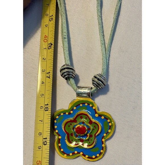 Colorful Enamel Flower Pendant Necklace on Green Cord Boho Retro Festival Jewelr - Picture 6 of 9